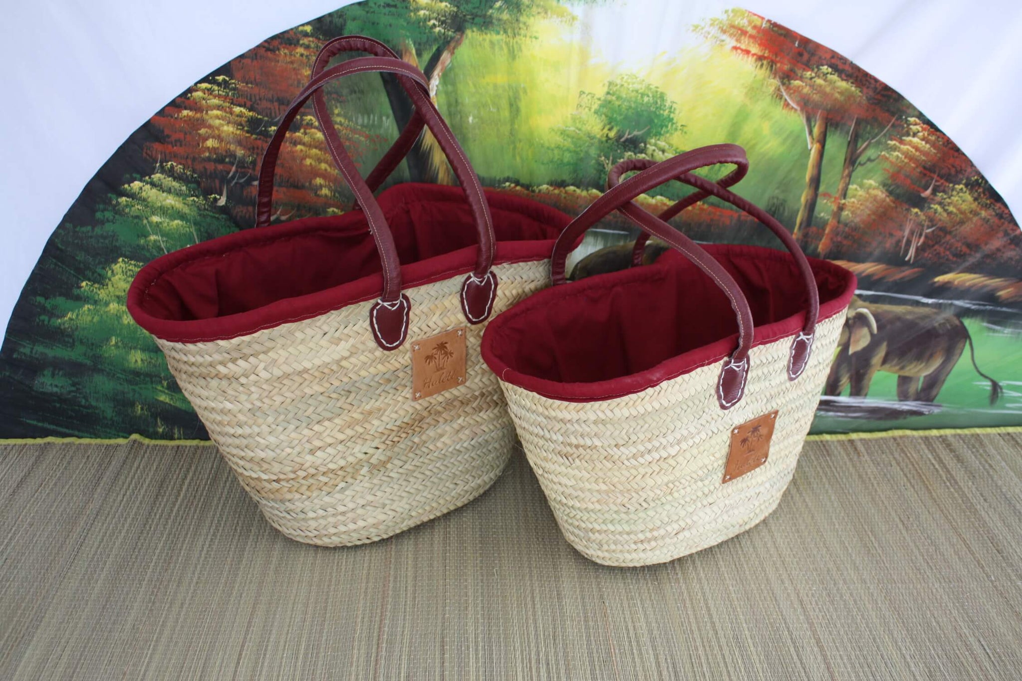 Set of 2 Shopping baskets with African fabric pouch - MEDIUM + LARGE XXL - Straw basket bag Market shopping basket Palm beach basket
