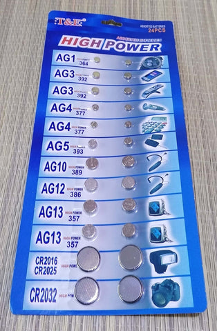 Set of 24 button batteries - AG1 AG3 AG4 AG5 AG10 AG12 AG13 CR2016 CR2025 CR2032