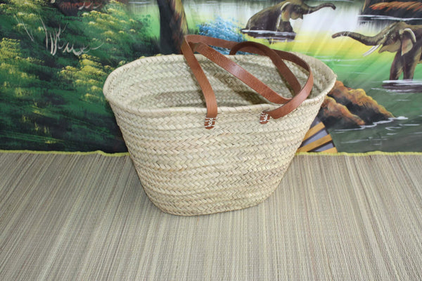 Bag Long Leather Handles - Shopping basket Market shopping wicker rattan natural palm tree