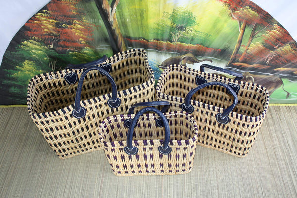 Hervorragender blauer und natürlicher Korb – handgewebt – Einkaufstasche – 3 GRÖSSEN – ideal zum Einkaufen, für Märkte … Weidenschilfstroh