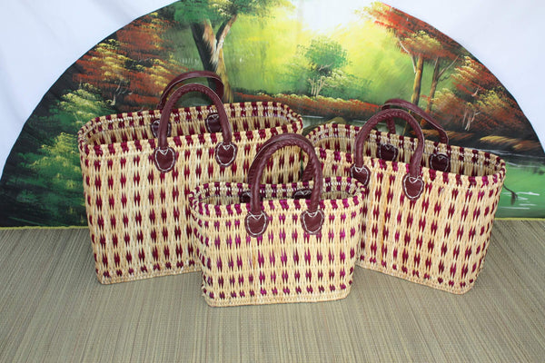 Soft Rattan Shopping Basket - Natural &amp; Pink - 3 Sizes - Woven in Reed Wicker Straw