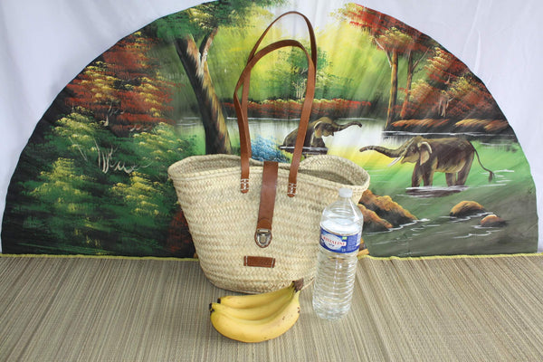 Hervorragende Tasche mit langen Ledergriffen, Kofferverschluss – Tote Market Shopping Beach Natural Basket