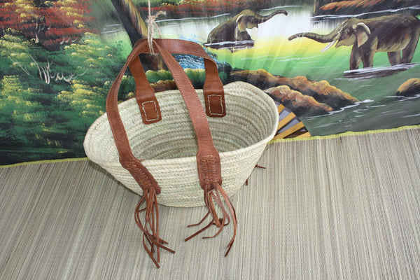 SUPERB Bag with Long Leather Handles - Braided Moroccan Basket - Natural Beach Shopping Market Bag