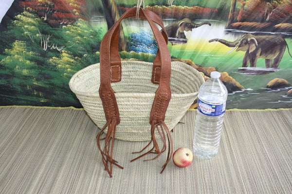 SUPERB Bag with Long Leather Handles - Braided Moroccan Basket - Natural Beach Shopping Market Bag