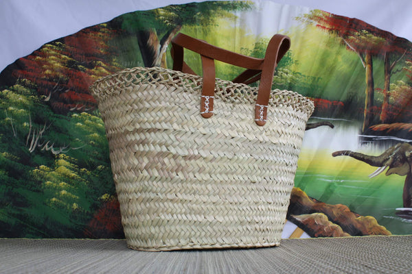 Erhabene Tasche mit langen flachen Ledergriffen - Palmenkorb Korb Stroh Rattangeflecht - ideal zum Shoppen, Märkte, Arbeiten, Strand, Deko...