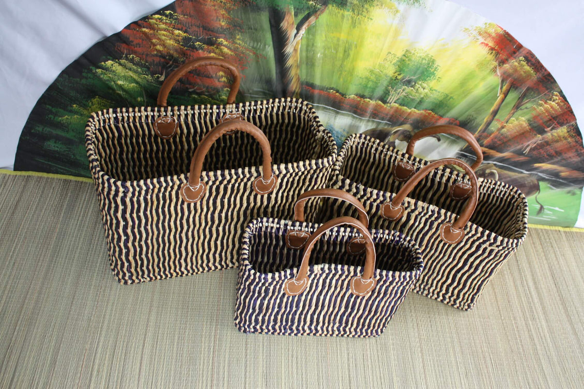 Panier Cabas Tressé Main En Roseau/jonc, Couleur Bleu Marine - Sac Fourre-tout Pour Marché, Plage, Courses, Style Artisanal