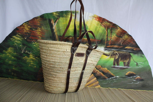 LARGE Reinforced LEATHER Basket - Short + Long Handles - Braided Shopping Straw Bag