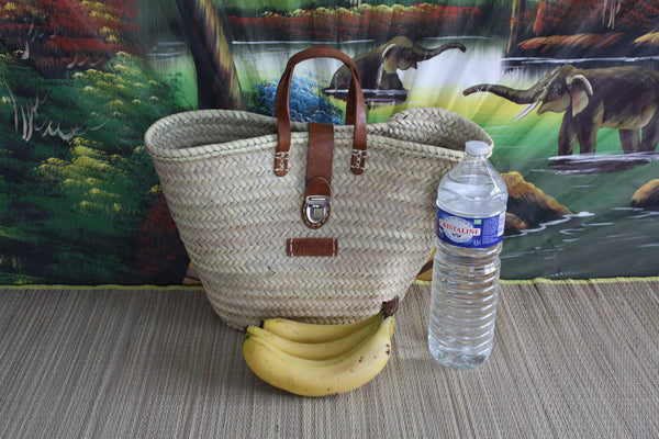 Superb Basket Handles Leather Closure Suitcase - Cabas Bag market shopping beach basket wicker, rattan, straw...