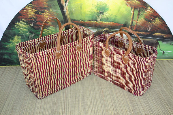 Soft wicker shopping basket - Straw &amp; Fuchsia - 3 Sizes - Braided in Reed Cane