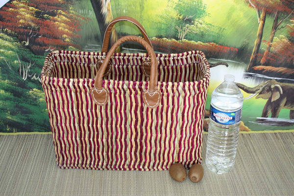 Soft wicker shopping basket - Straw &amp; Fuchsia - 3 Sizes - Braided in Reed Cane