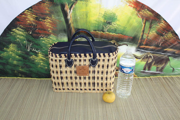 Blue MOROCCAN Rush Basket - ZIP CLOSURE - Tote bag shopping, markets, work, beach... Short and long handles