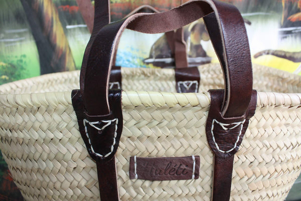 Solid Reinforced Basket - Short + Long Leather Handles - Braided Shopping Straw Bag Shopping Markets