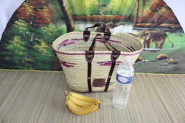 LARGE Colorful Basket - Solid Tote for shopping markets beach bag - Moroccan straw wicker rattan palm tree