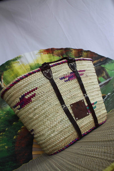 Großer bunter Korb – Solide Einkaufstasche für Einkaufsmärkte, Strandtasche – marokkanische Strohgeflecht-Rattan-Palme