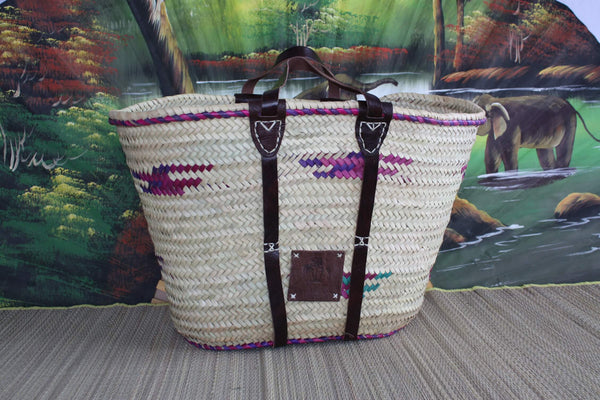 LARGE Colorful Basket - Solid Tote for shopping markets beach bag - Moroccan straw wicker rattan palm tree