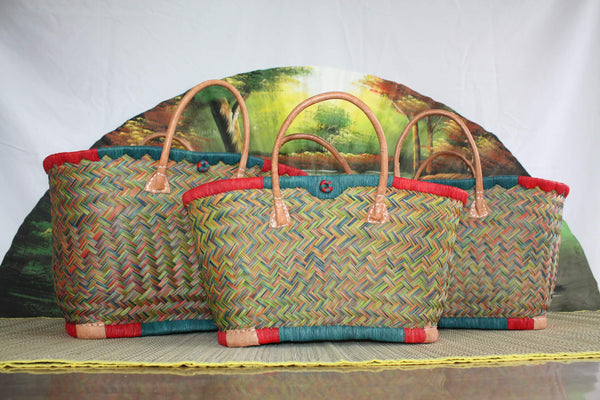 Large Shopping Basket from MADAGASCAR - Tote Bag Blue Red Green - Solid Hand Braided - 3 sizes to choose from - beach wicker rattan straw