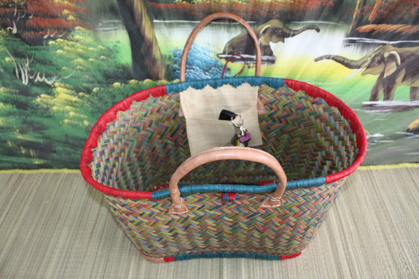 Large Shopping Basket from MADAGASCAR - Tote Bag Blue Red Green - Solid Hand Braided - 3 sizes to choose from - beach wicker rattan straw