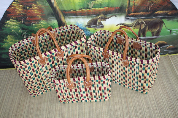 Handmade woven rush shopping basket - Market tote wicker rattan bag - Moroccan Berber - Green &amp; Purple - 3 Sizes