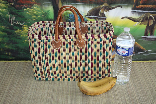 Handgefertigter gewebter Einkaufskorb aus Korbgeflecht – Markttasche aus Korbgeflecht – marokkanischer Berber – grün und lila – 3 Größen