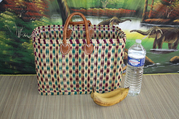 Handgefertigter gewebter Einkaufskorb aus Korbgeflecht – Markttasche aus Korbgeflecht – marokkanischer Berber – grün und lila – 3 Größen