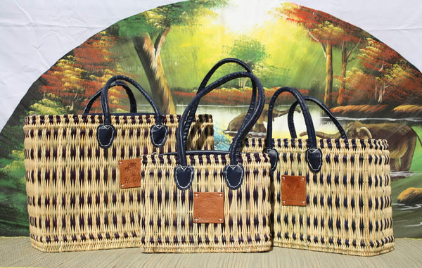 Blue MOROCCAN Rush Basket - ZIP CLOSURE - Tote bag shopping, markets, work, beach... Short and long handles