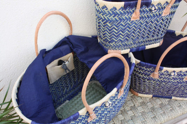 Panier à courses - Tissu pochon Bleu - MADAGASCAR - Sac Cabas Bleu & Naturel - Tressé à la main - 3 tailles au choix - plage osier paille