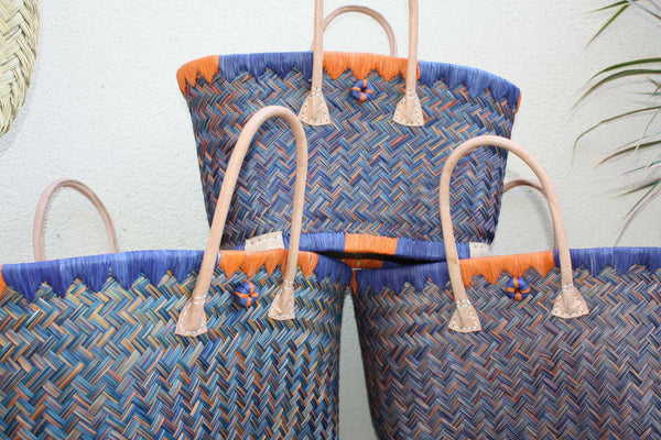 Cabas à courses de Madagascar - Panier Bleu & Orange - Sac tressé Artisanal - 3 tailles au choix -