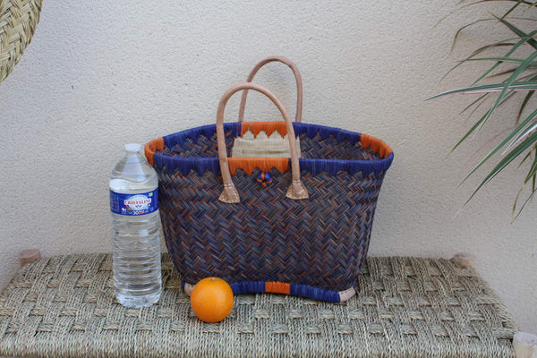 Einkaufstasche aus Madagaskar - Korb in Blau &amp; Orange - Handwerklich geflochtene Tasche - 3 Größen zur Auswahl -