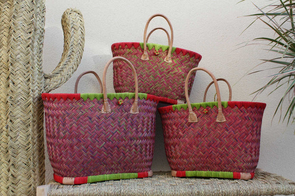 Einkaufstasche geflochten aus Madagaskar - Korbtasche Rot &amp; Grün - Handarbeit - 3 Größen zur Auswahl -