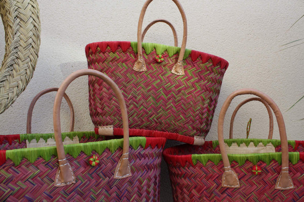 Shopping bag braided from Madagascar - Basket Bag Red &amp; Green - Handcrafted - 3 sizes to choose from -