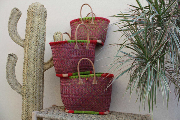 Shopping bag braided from Madagascar - Basket Bag Red &amp; Green - Handcrafted - 3 sizes to choose from -