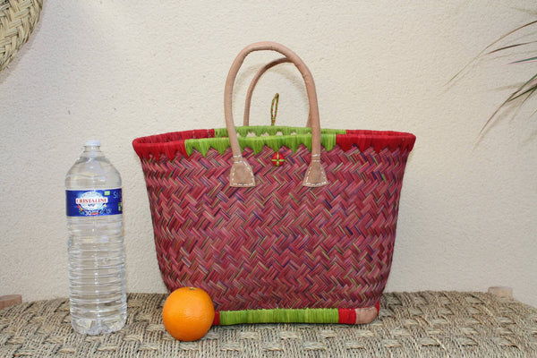 Einkaufstasche geflochten aus Madagaskar - Korbtasche Rot &amp; Grün - Handarbeit - 3 Größen zur Auswahl -