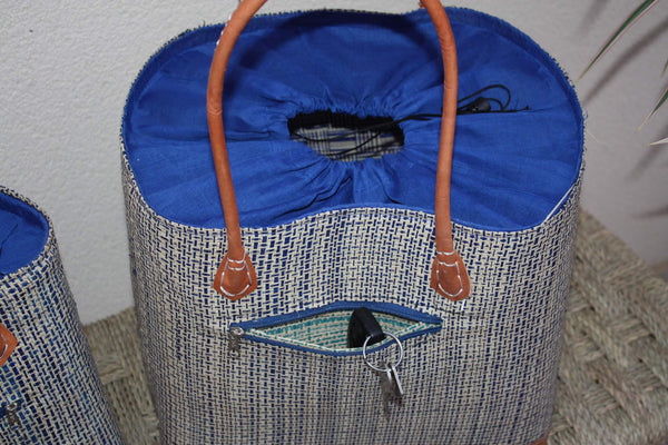Panier doublé Rabane Bleu Royal - Pochon Tissu Sac Cabas africain - 2 TAILLES - Marchés, courses, plage... LEGER & SOLIDE