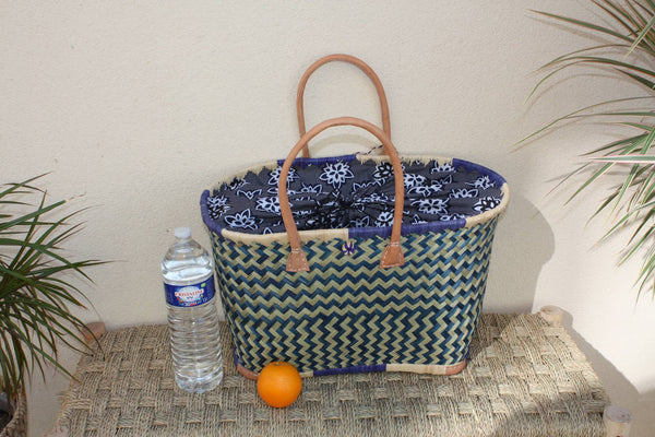 Panier de courses avec Pochon Tissu WAX fleurs Bleu - Cabas marchés - Sac de plage - 3 TAILLES -
