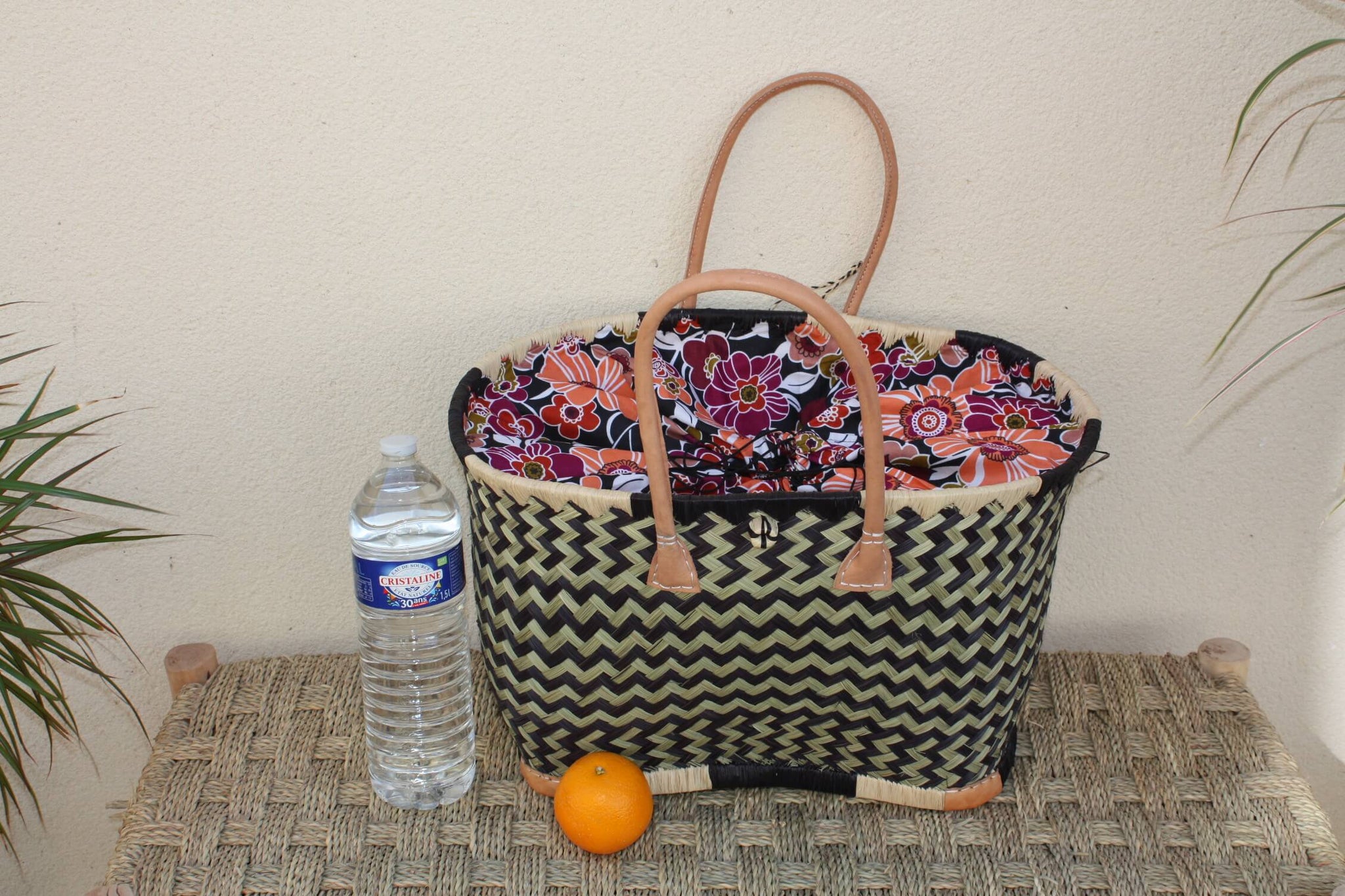 Panier Marché Noir avec Pochon Tissu WAX fleurs ORANGE & FUCHSIA - Cabas courses - Sac de plage - 3 Tailles -