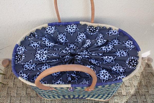 Panier de courses avec Pochon Tissu WAX fleurs Bleu - Cabas marchés - Sac de plage - 3 TAILLES -