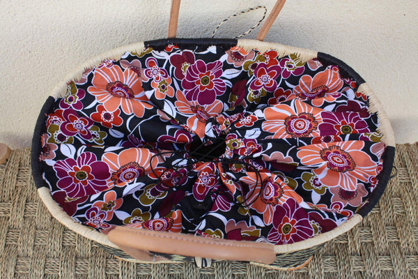 Panier Marché Noir avec Pochon Tissu WAX fleurs ORANGE & FUCHSIA - Cabas courses - Sac de plage - 3 Tailles -