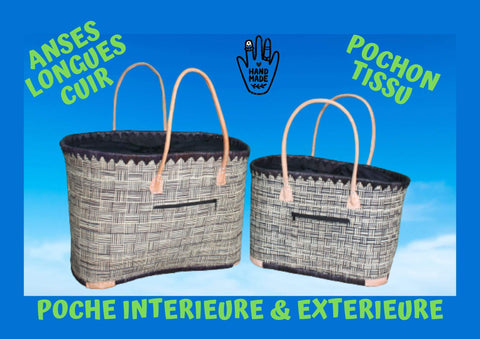 Panier Noir & Naturel - Doublure Rabane + Pochette éxtérieure - Sac Cabas Anses Longues - 2 TAILLES - Marchés, courses, plage...