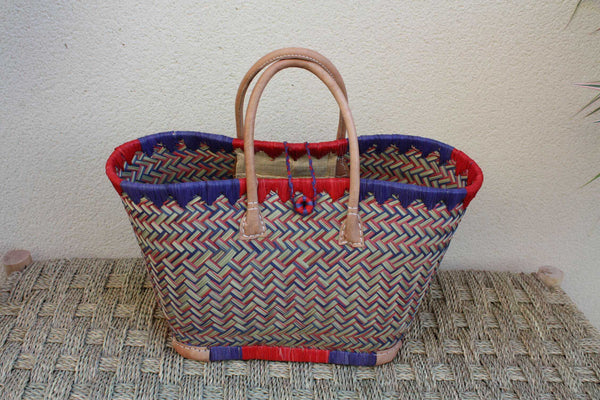 Shopping basket ARTISANAL MADAGASCAR - Blue &amp; Yellow Tote Bag - Hand-woven - 3 sizes to choose from - beach wicker rattan straw
