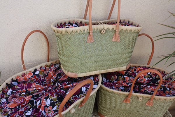 JOLI Panier sac cabas ARTISANAL - Tissu fleur orangé WAX africain - Idéal marchés, courses, travail, plage... 3 Tailles au choix