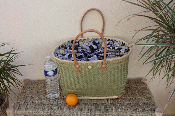 African WAX fabric tote basket - XXL bag with long handles - 3 SIZES - ideal for markets, shopping, beach... raffia palm tree reed wicker