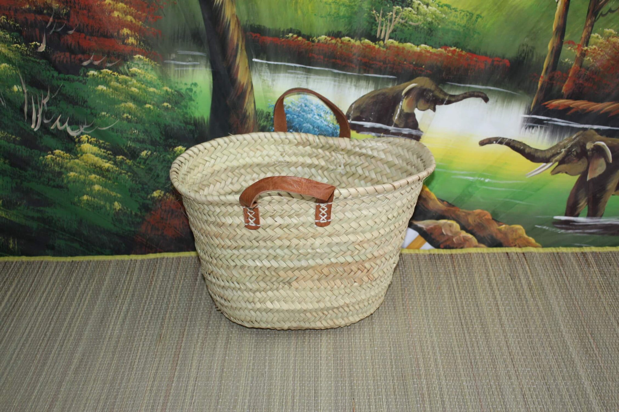 BASKET in palm tree - CABAS Handles Leather - Hand woven bag rattan straw wicker