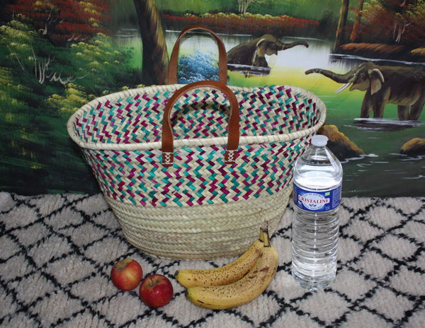 LARGE Moroccan basket GZOULA style - shopping tote bag - leather handles - ideal for markets &amp; beaches