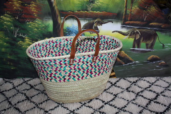 LARGE Moroccan basket GZOULA style - shopping tote bag - leather handles - ideal for markets &amp; beaches