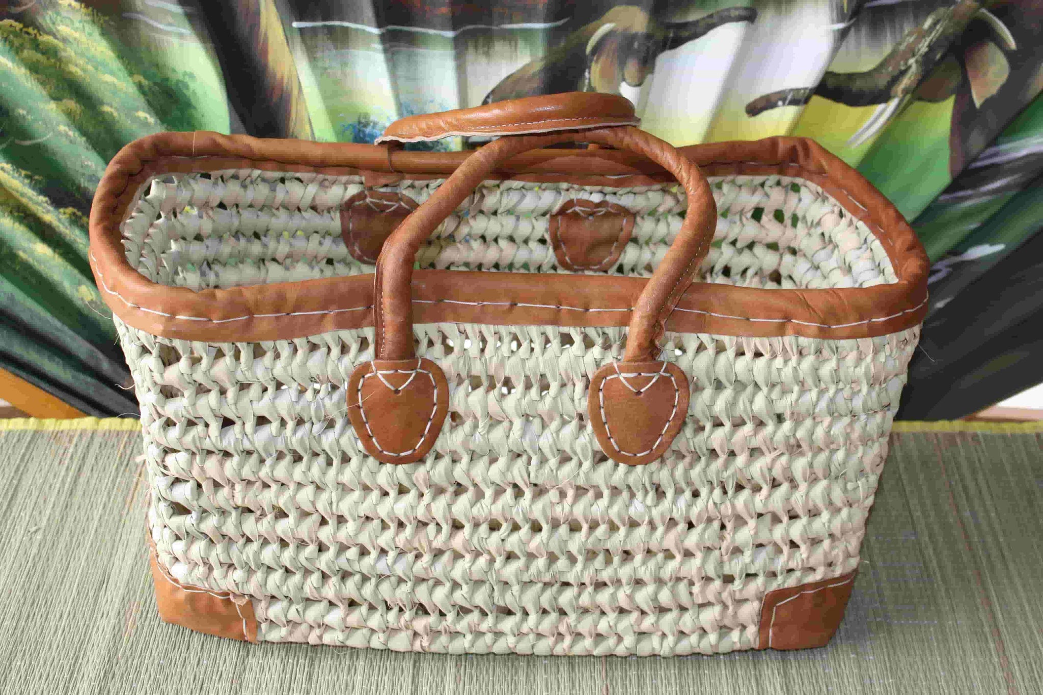 Grand Panier Marocain En Feuille De Palmier Et Cuir, Sac De Plage Bohème Naturel