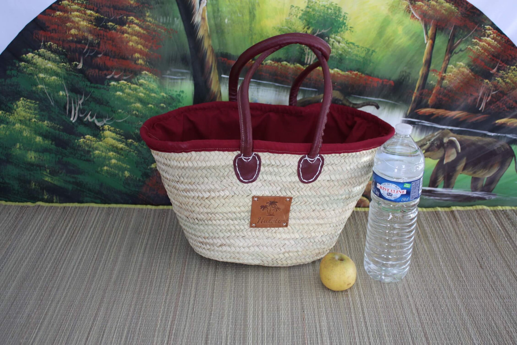 Long handle bag with pouch fabric - Straw basket Tote market shopping beach wicker rattan natural palm tree