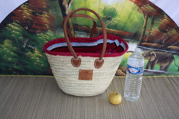 Long handle bag with pouch fabric - Straw basket Tote market shopping beach wicker rattan natural palm tree