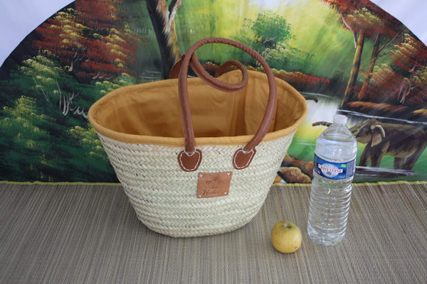 Long handle bag with pouch fabric - Straw basket Tote market shopping beach wicker rattan natural palm tree