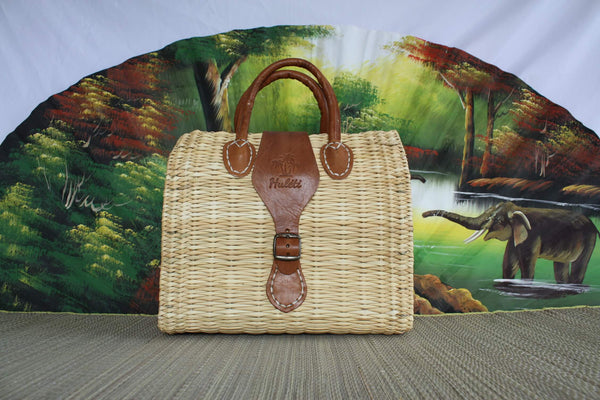 Basket Suitcase with metal buckle clasp - BRUSH + LEATHER - Hand braided handbag - UNIQUE HULÉTI CREATION