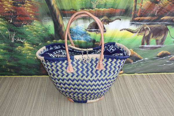 ROUND basket African WAX fabric - Blue &amp; Natural - Tote Bag Long Handles - 3 SIZES - Markets, shopping, beach...